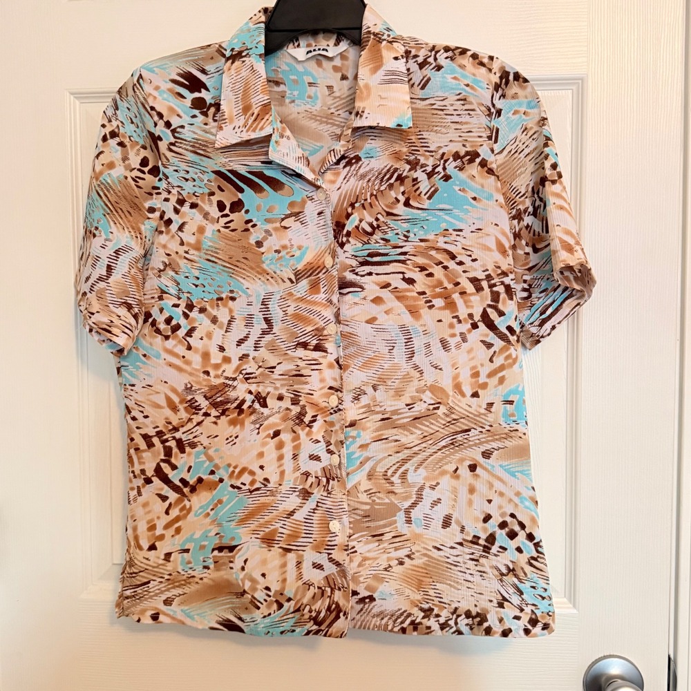 Alia Vintage Abstract Print Button Down Shirt Turquoise Tan Brown Medium 8-10